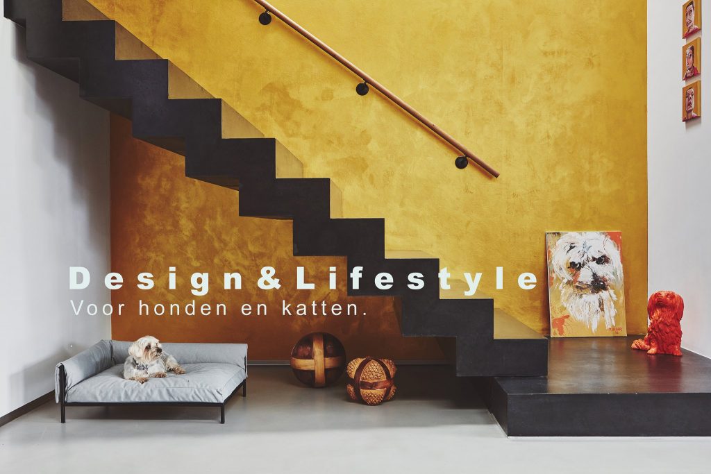 Design & lifestyle weergegeven in een prachtige huiskamer met hondenmand