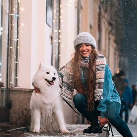 hond met vrouw in de sneeuw