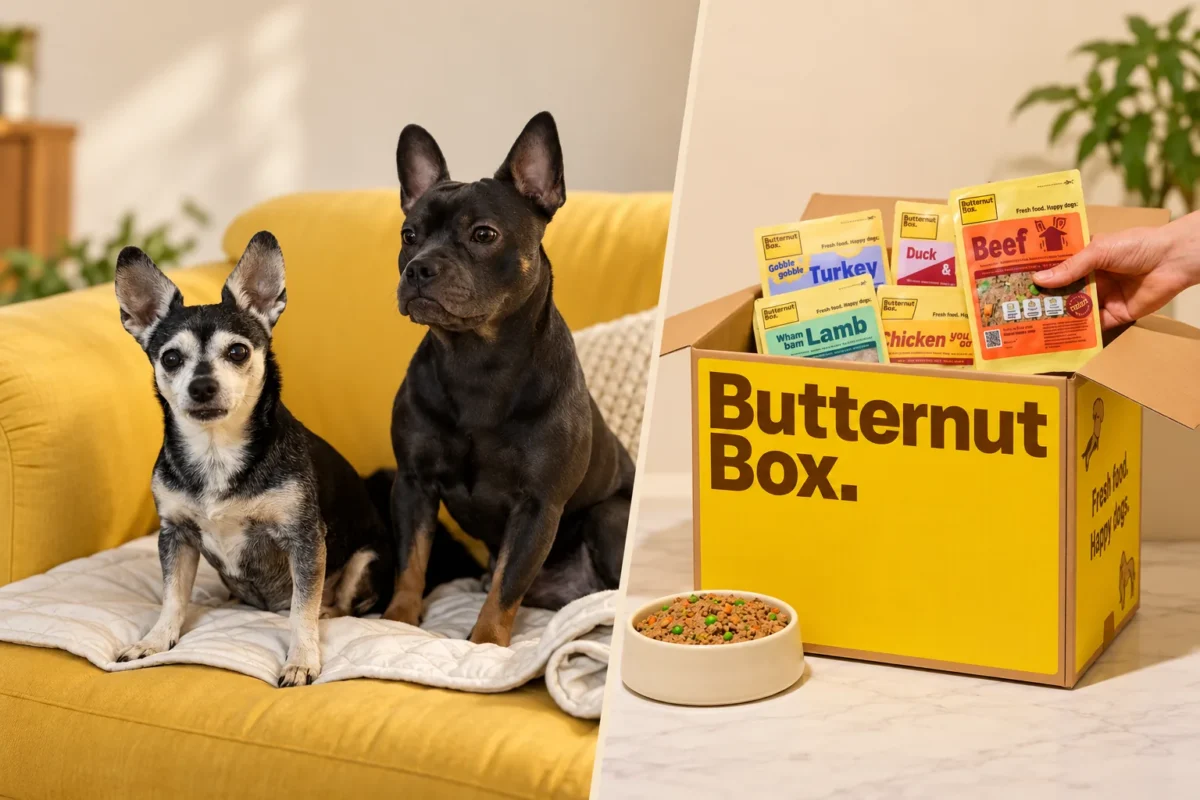 Fotocollage van Loky en Lola samen en een Butternut Box met maaltijden.